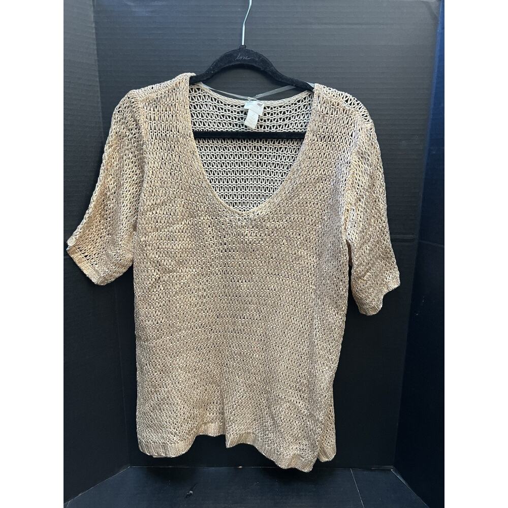 Chico’s Women’s Metalic Open Weave V-Neck Short Sleeve Sweater Size Chico 2